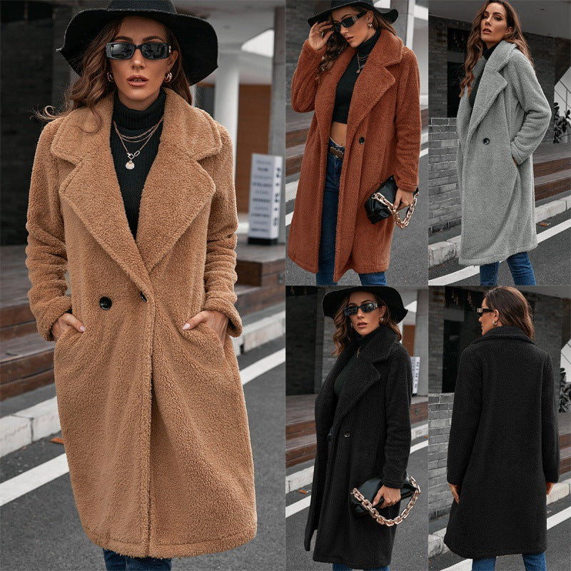 Single-breasted Mid-plush Trench Coat Loose-collar Lambswool Coat