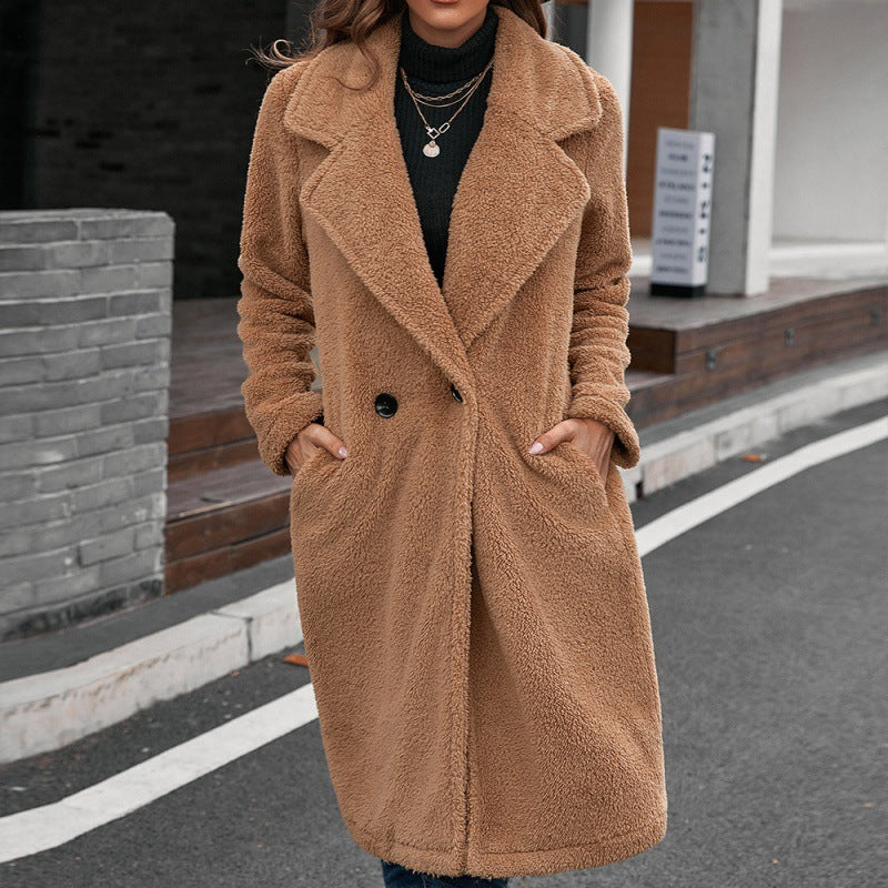 Single-breasted Mid-plush Trench Coat Loose-collar Lambswool Coat