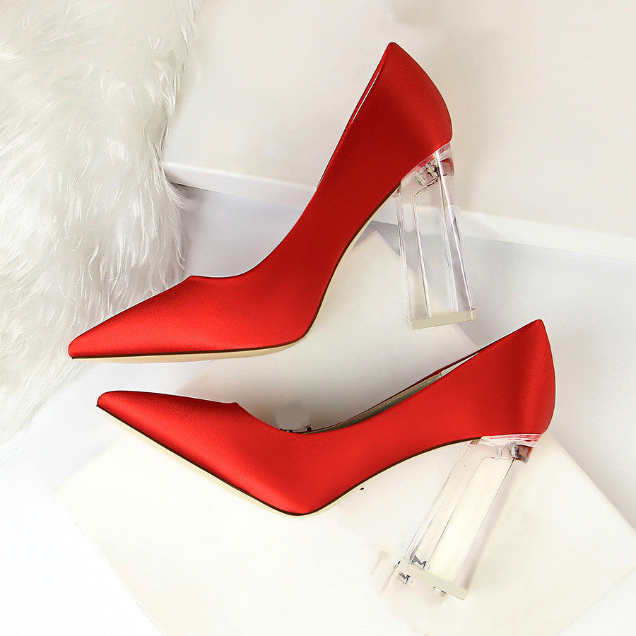 Womens Pumps Shoes Stiletto Satin  Transparent Block High Heels