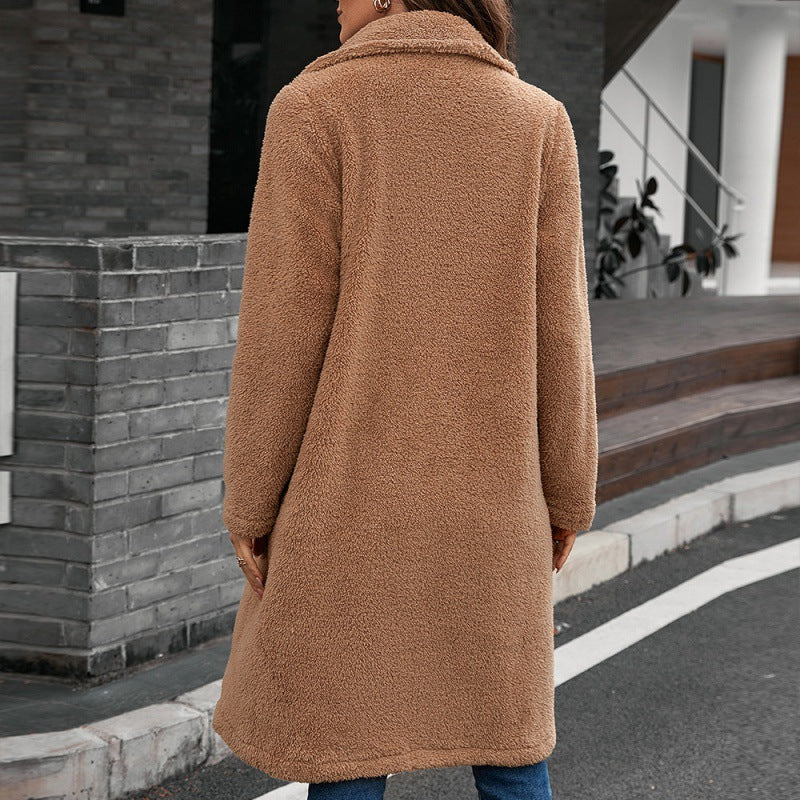 Single-breasted Mid-plush Trench Coat Loose-collar Lambswool Coat