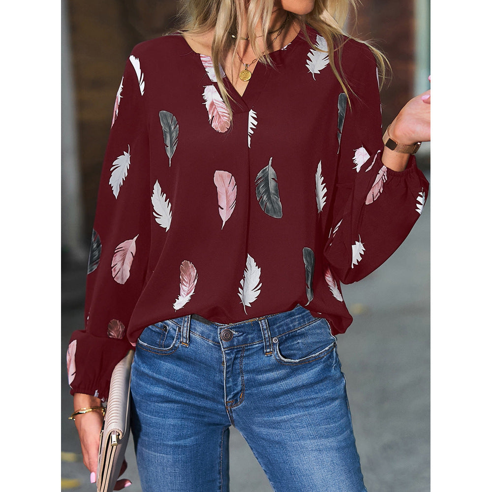 Feather Print Polo Shirt Long Lantern Sleeve Shirt Turndown Collar Breasted Tops Clothes