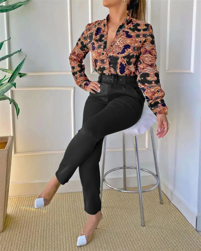 Women's Digital Printing Long-sleeved Shirt With Belt Trousers Suit