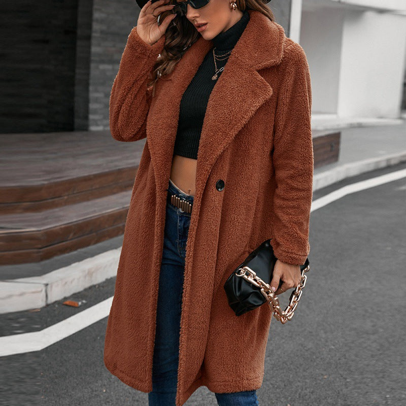 Single-breasted Mid-plush Trench Coat Loose-collar Lambswool Coat