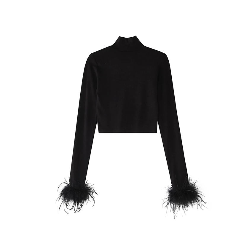 Short Autumn And Winter Navel Feather Turtleneck Long Sleeve