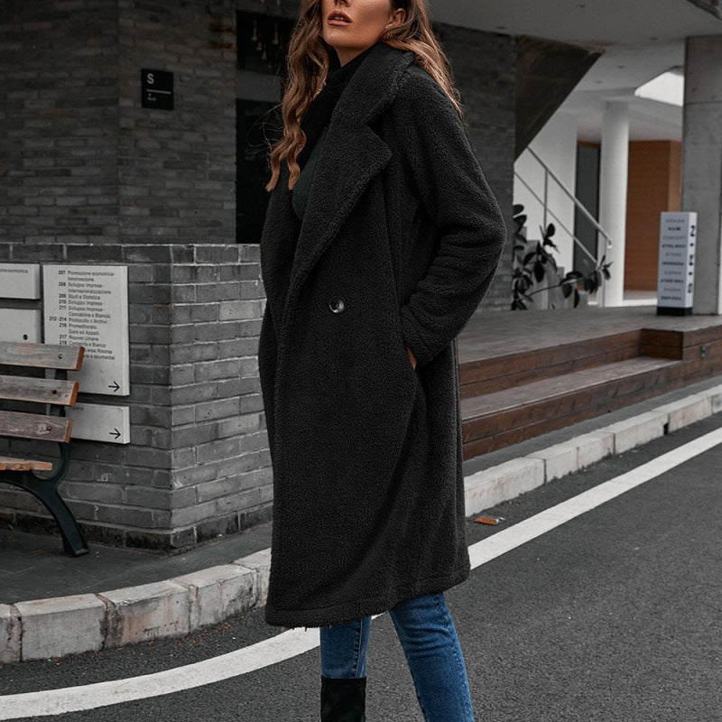 Single-breasted Mid-plush Trench Coat Loose-collar Lambswool Coat